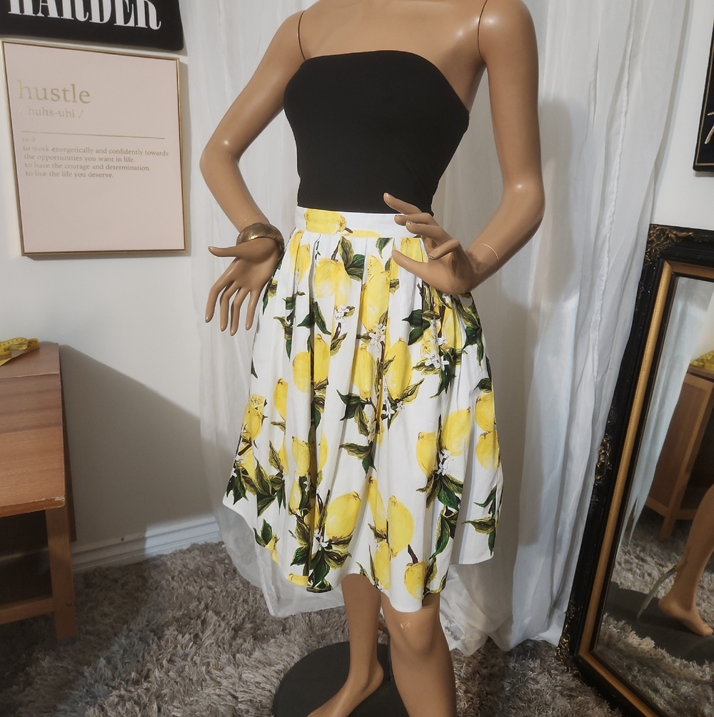 Grace Karin White Lemon Print Full Skirt with Green Accents Small